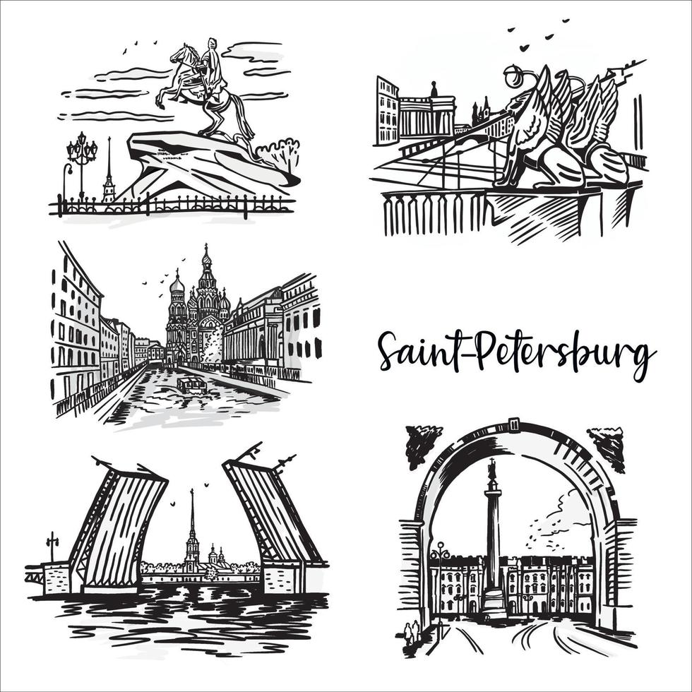 een reeks van keer bekeken van st. petersburg Rusland. grafisch schetsen. zwart en wit architectuur grafiek vector