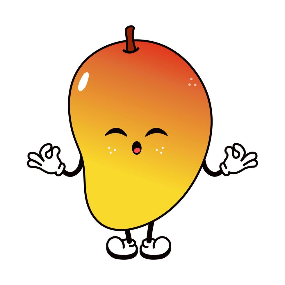 schattig grappig mango aan het doen yoga karakter. vector hand- getrokken traditioneel tekenfilm vintage, retro, kawaii karakter illustratie icoon. geïsoleerd Aan wit achtergrond. mango kom tot rust karakter