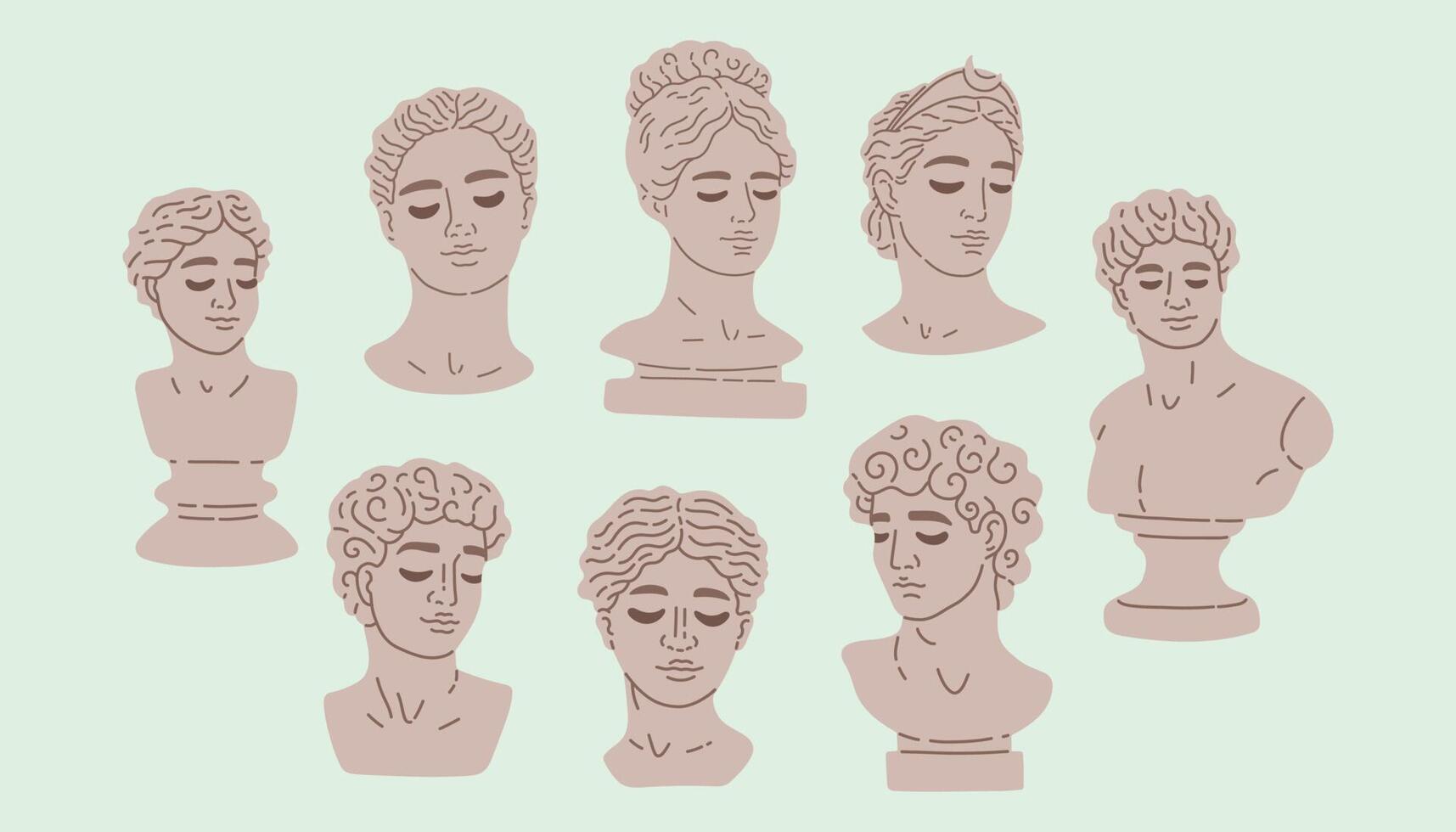 divers antiek standbeelden. hoofden van Dames, Heren. mythisch, oude Grieks stijl. hand- getrokken vector illustratie.