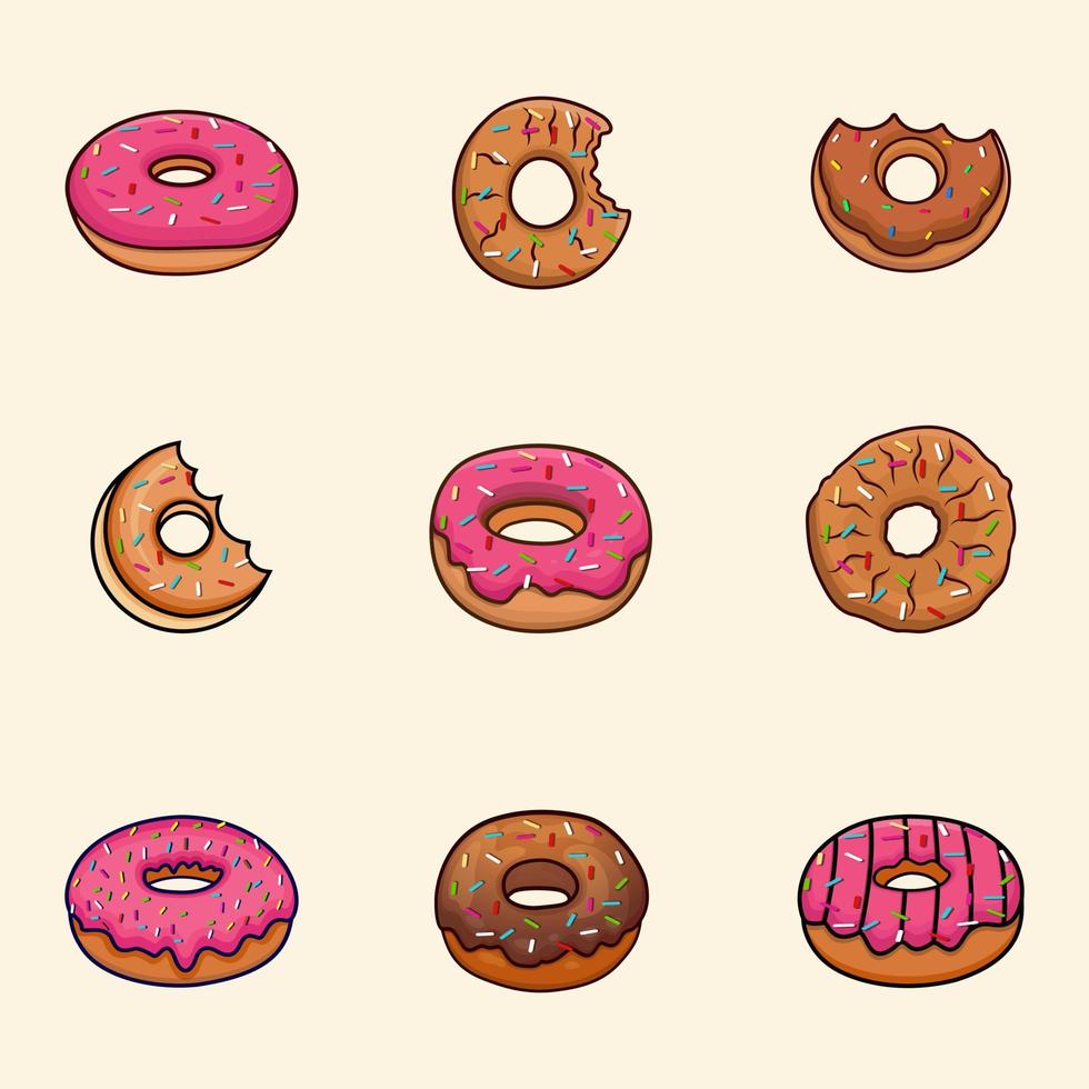 donuts premie illustratie vector getrokken ontwerp set. lekker heerlijk tekenfilm cafe roze gelukkig verjaardag donuts hoge kwaliteit minimaal vakantie voedsel vector element.