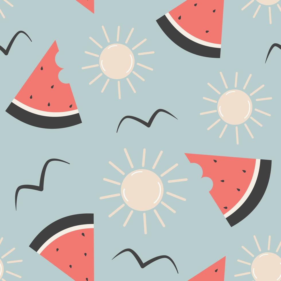 schattig tekenfilm abstract watermeloen plak naadloos vector patroon achtergrond illustratie met zon en vogelstand silhouet