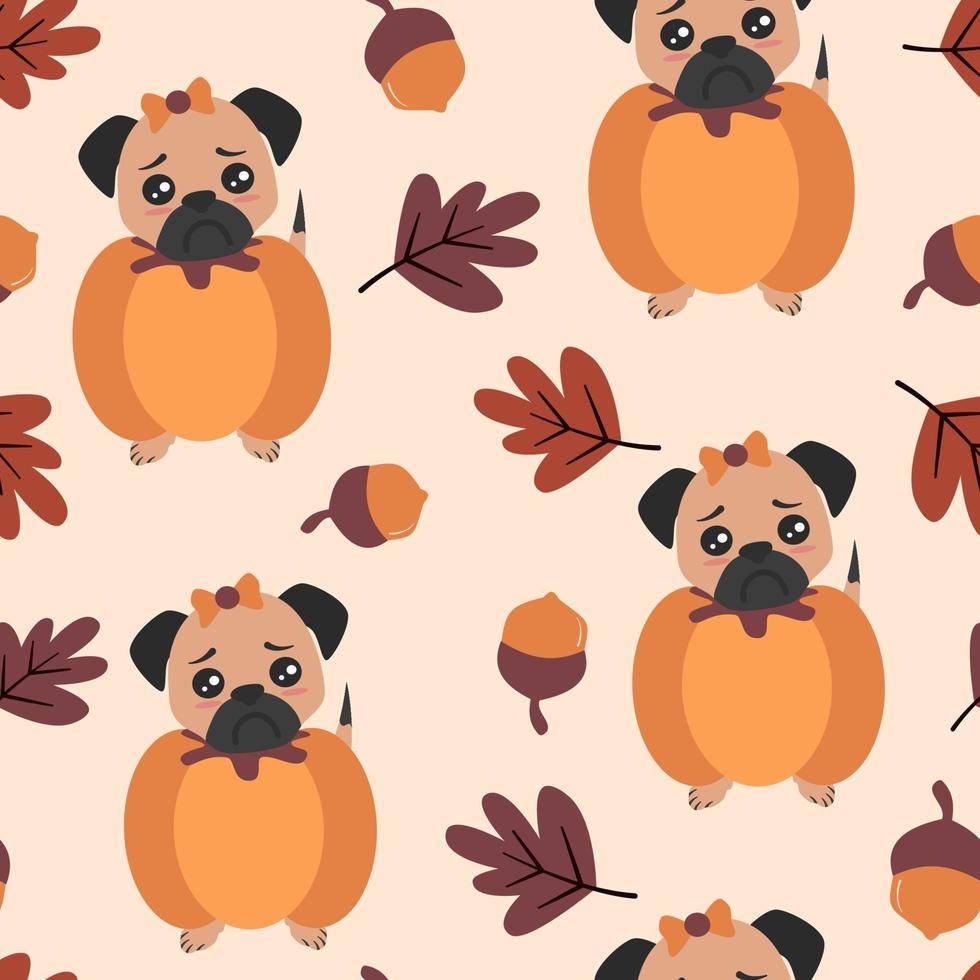 schattig tekenfilm karakter mopshond puppy binnen pompoen kostuum grappig vakantie seizoen vector naadloos patroon achtergrond illustratie met herfst bladeren en eikels