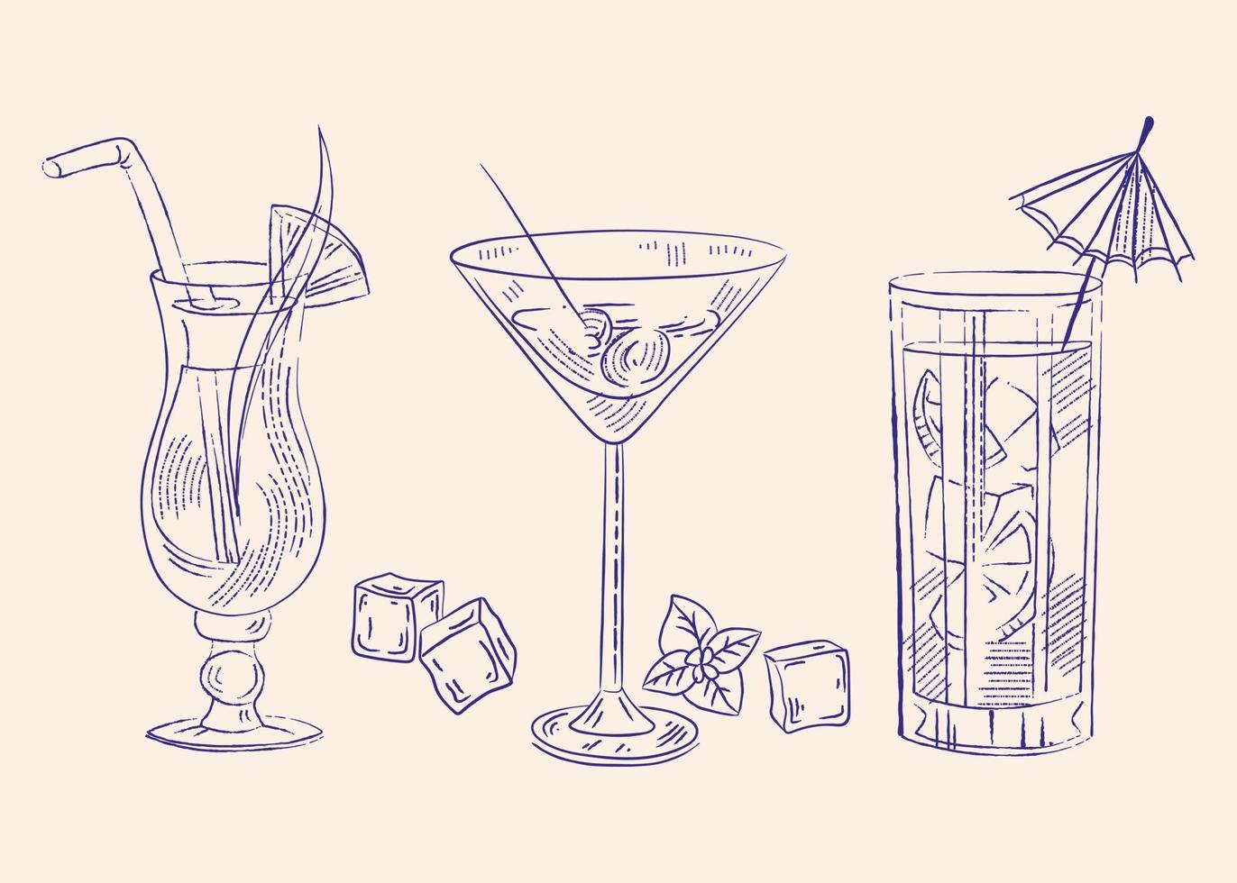 drie alcoholisch cocktails in een glas met stukken van fruit en ijs. vector lijn tekening door hand- in etsen stijl