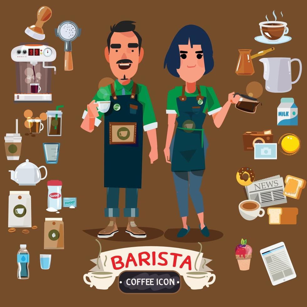 barista man en vrouw met koffiezetapparaat set. koffiebar concept. vector