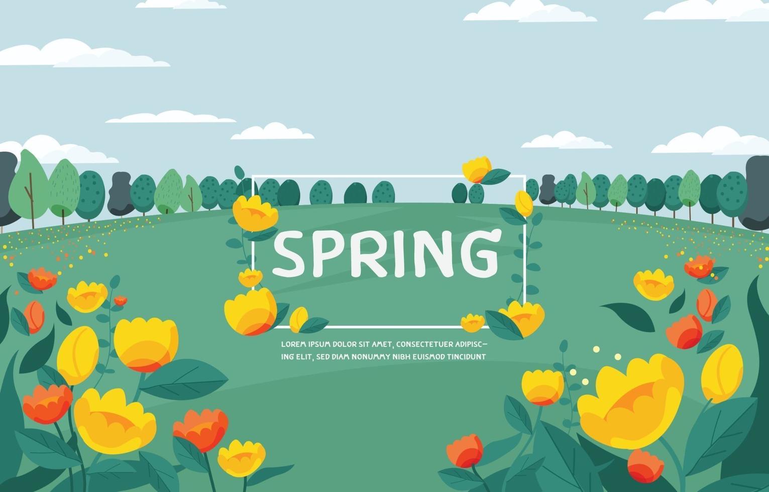 gele bloemen en groen veld. lente seizoen achtergrond. vector