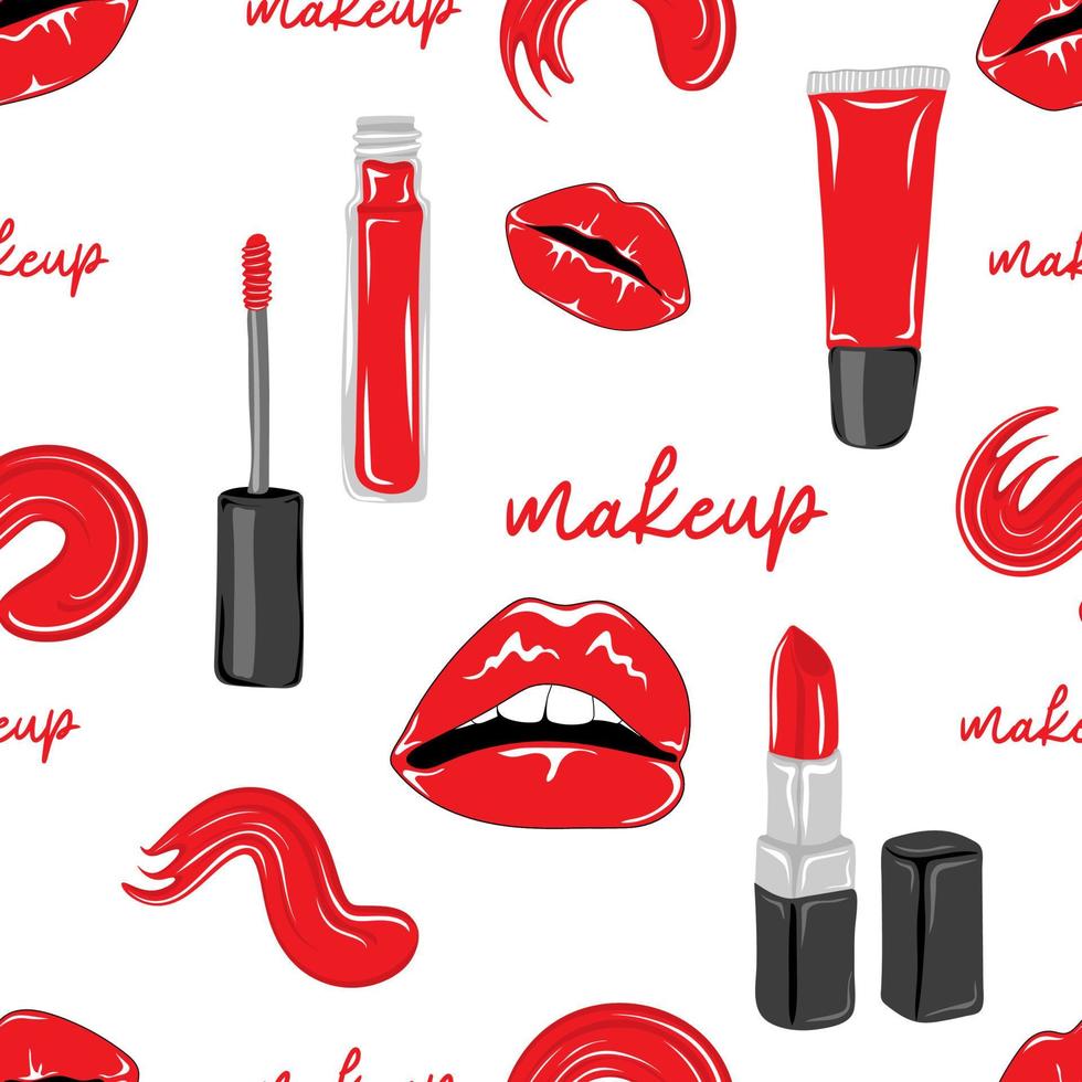 naadloos patroon van rood lippen, lippenstift en lip glans buis Aan wit achtergrond vector