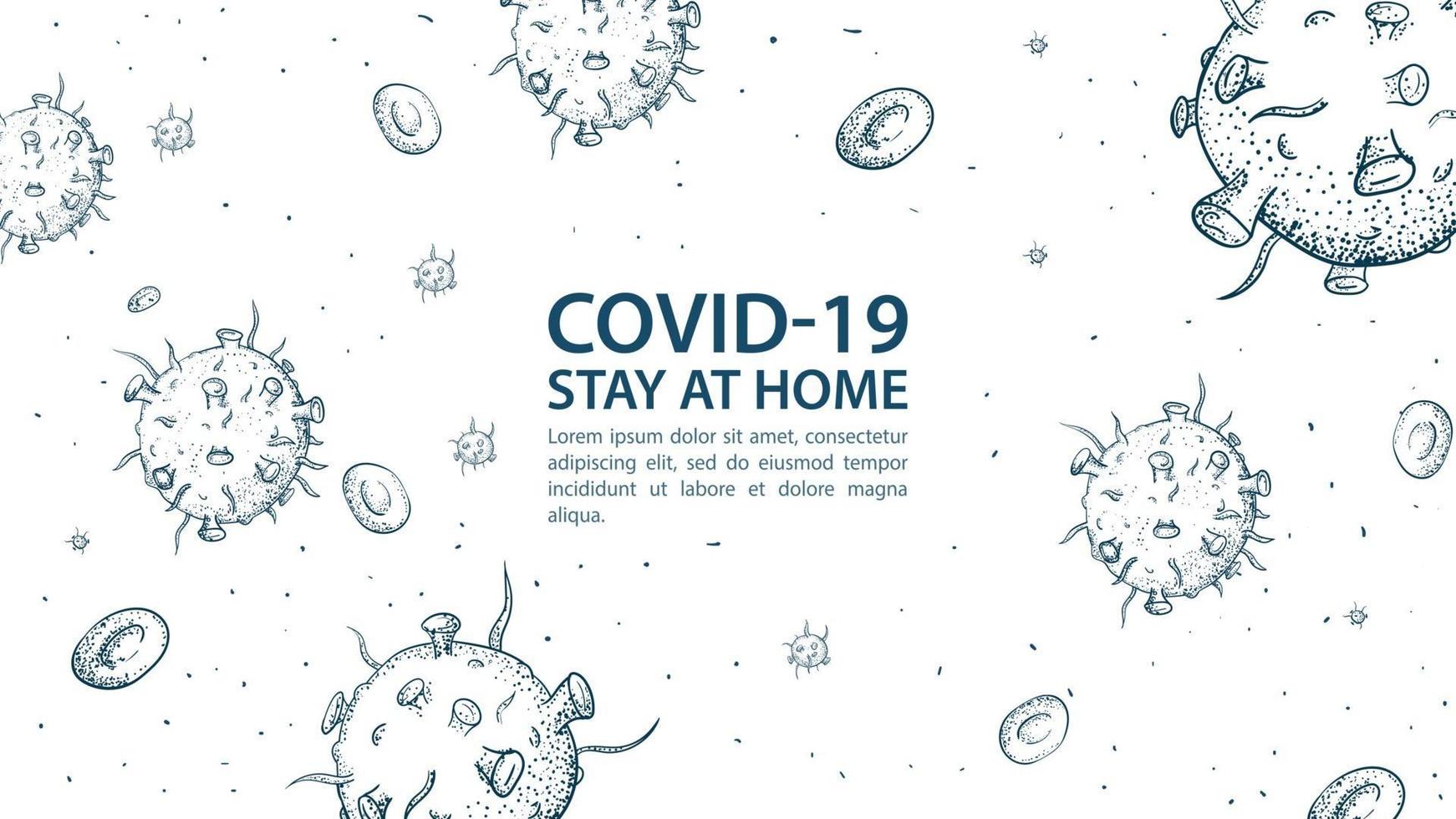 handgetekende kiemcellen covid-19 blijf thuis ontwerp vector