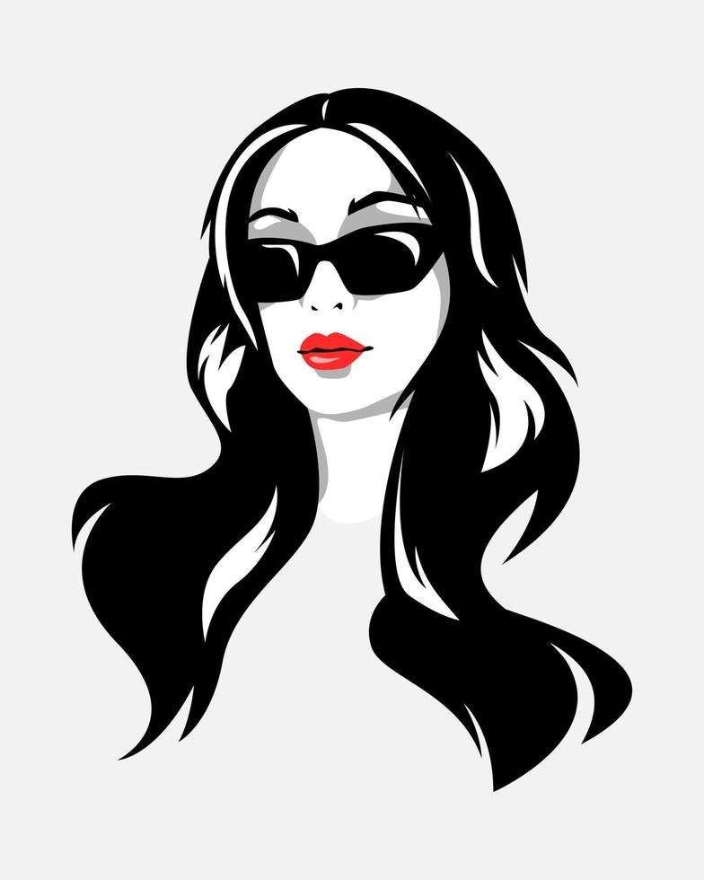 portret van een schoonheid vrouw met lang golvend haar- en slijtage zonnebril. geïsoleerd wit achtergrond. vector monochroom illustratie.
