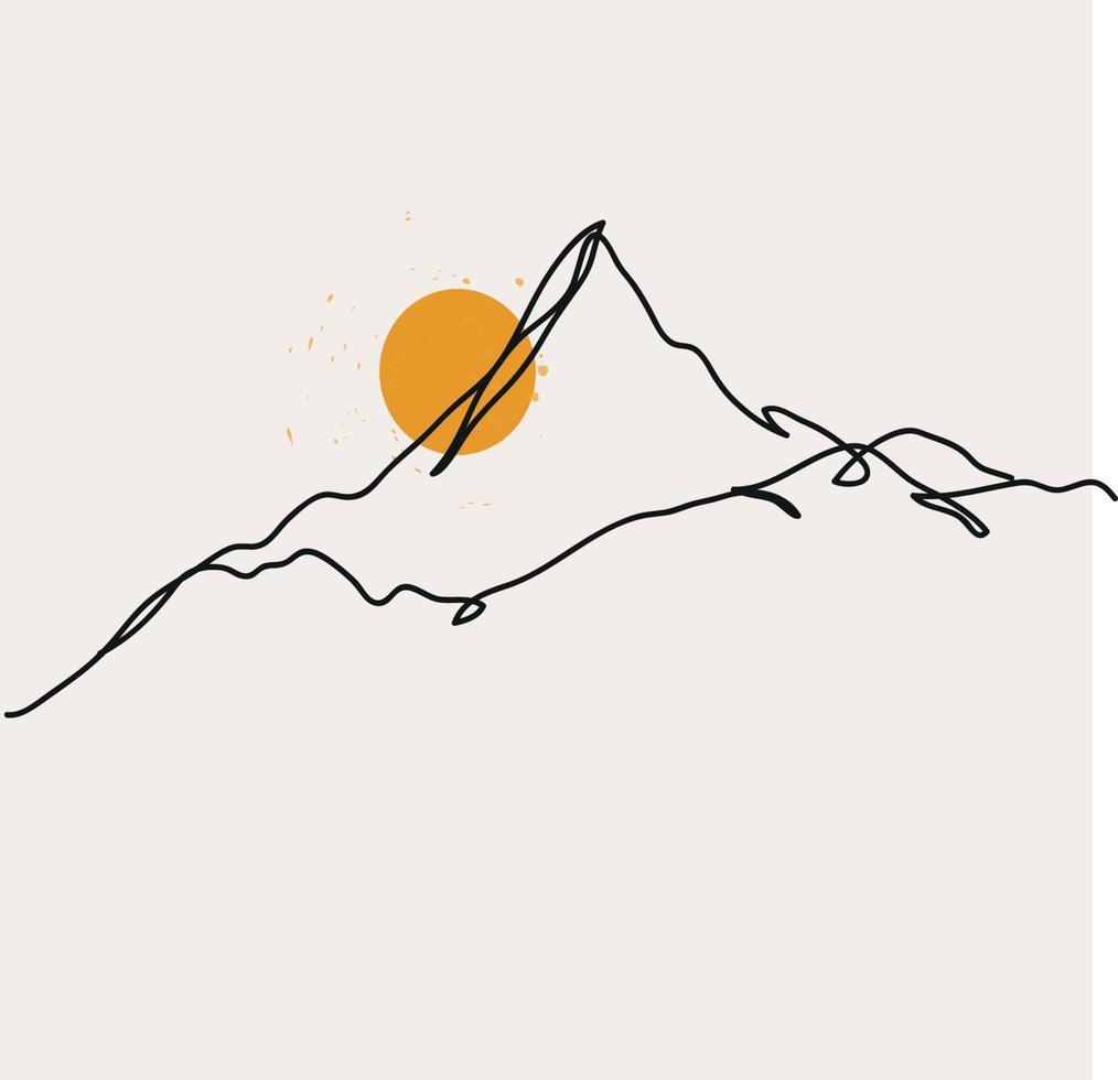 minimalistische berg lijn kunst, landschap schets tekening, sport illustratie, vector ontwerp, natuur, zonsopkomst, zonsondergang, zwart lijnen, abstract