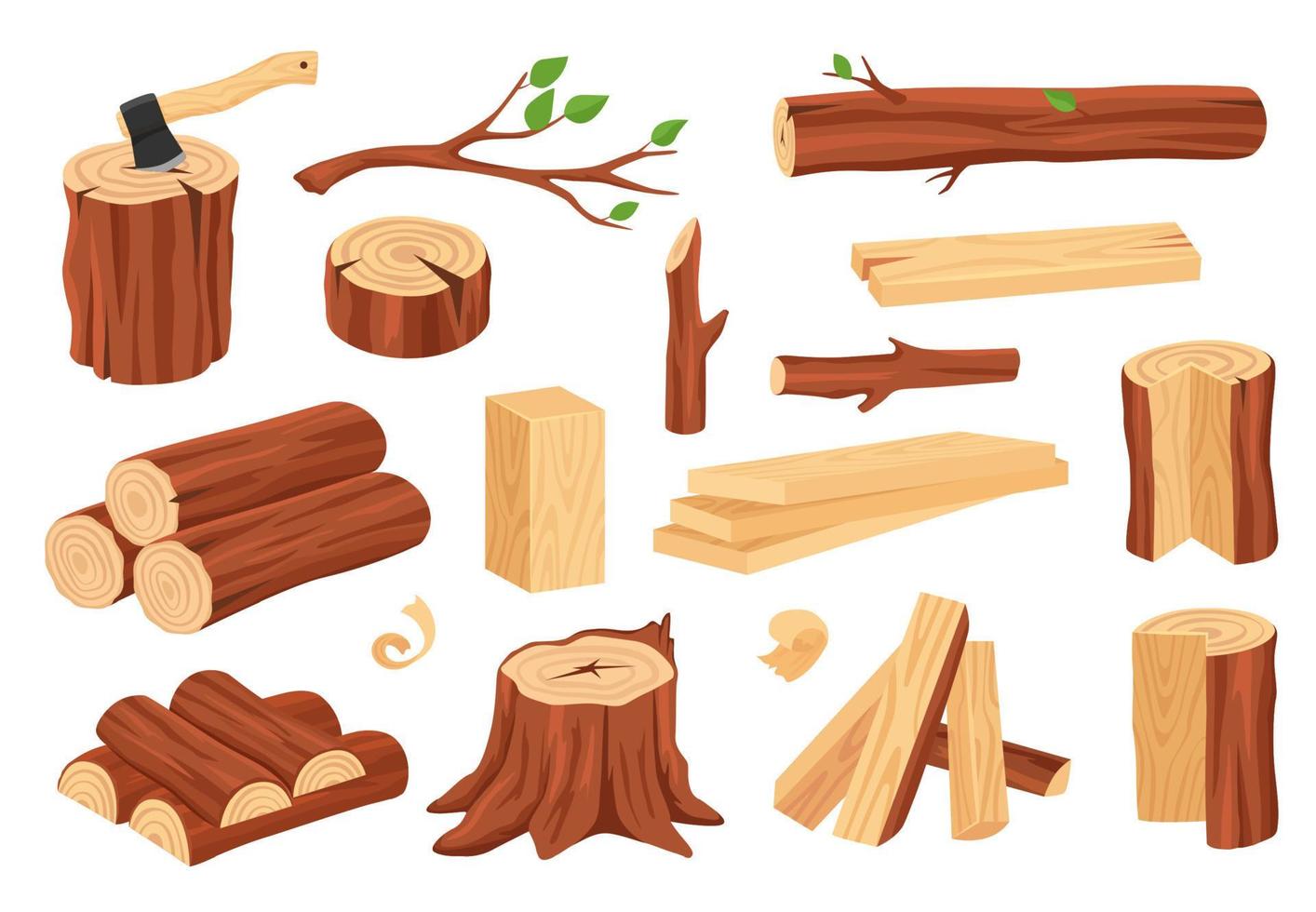 tekenfilm hout log en kofferbak. houten timmerhout materialen logboeken, koffers, stronken, brandhout, planken, takken. hardhout bouw elementen vector reeks