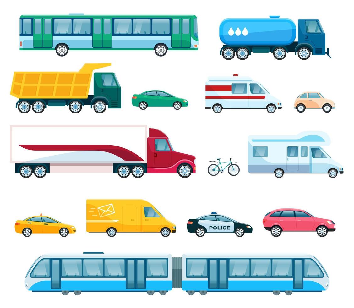 stedelijk vervoert. bus, taxi, Politie auto, passagier auto, bestelwagen, vrachtwagen, trein. vlak vervoer, openbaar voertuig, stad vervoer vector reeks