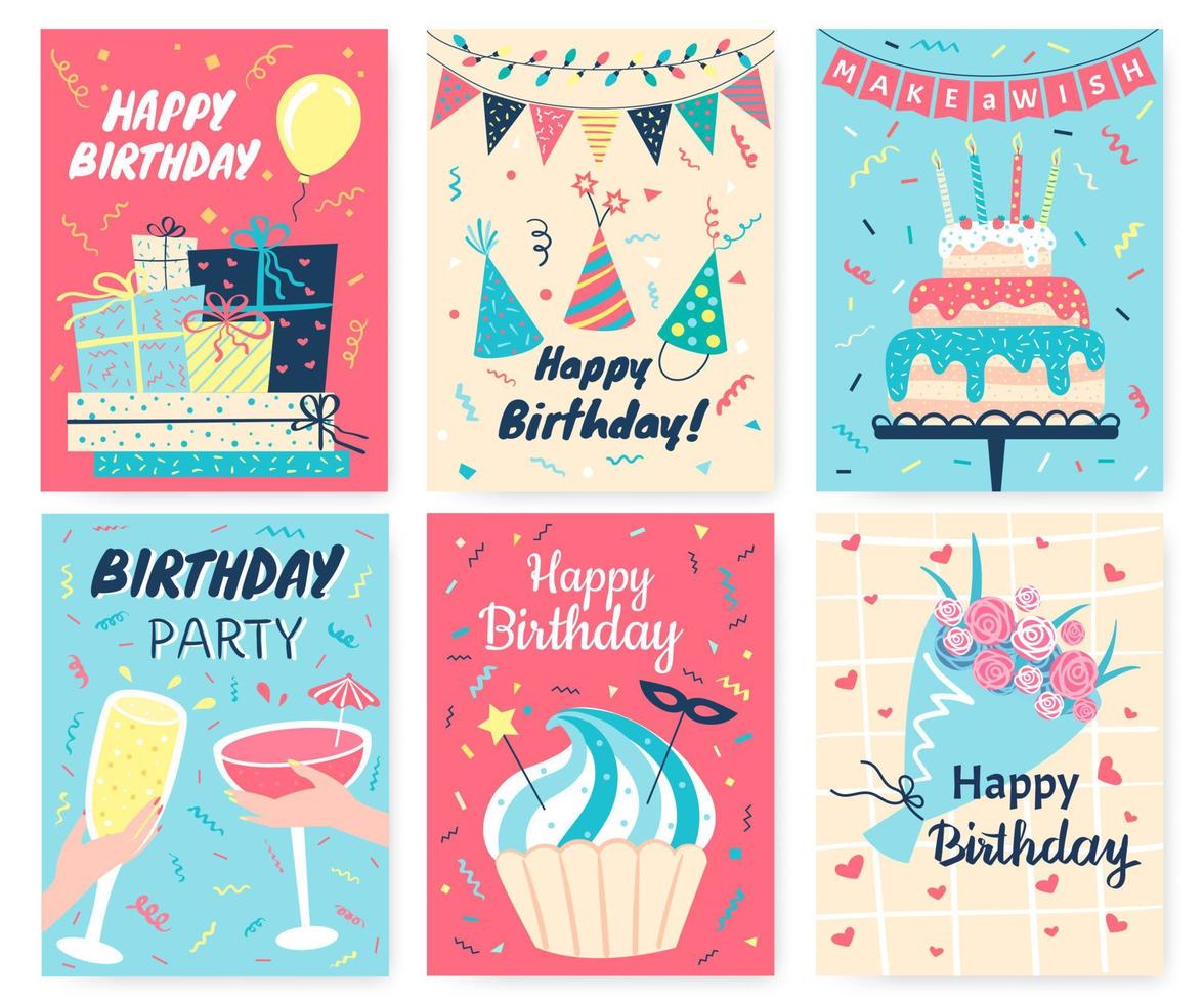 gelukkig verjaardag kaart. schattig verjaardag groet kaarten met hand- getrokken elementen taart, kaarsen, ballonnen. partij uitnodiging sjabloon vector reeks