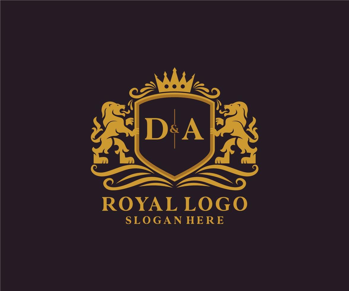 eerste da brief leeuw Koninklijk luxe logo sjabloon in vector kunst voor restaurant, royalty, boetiek, cafe, hotel, heraldisch, sieraden, mode en andere vector illustratie.