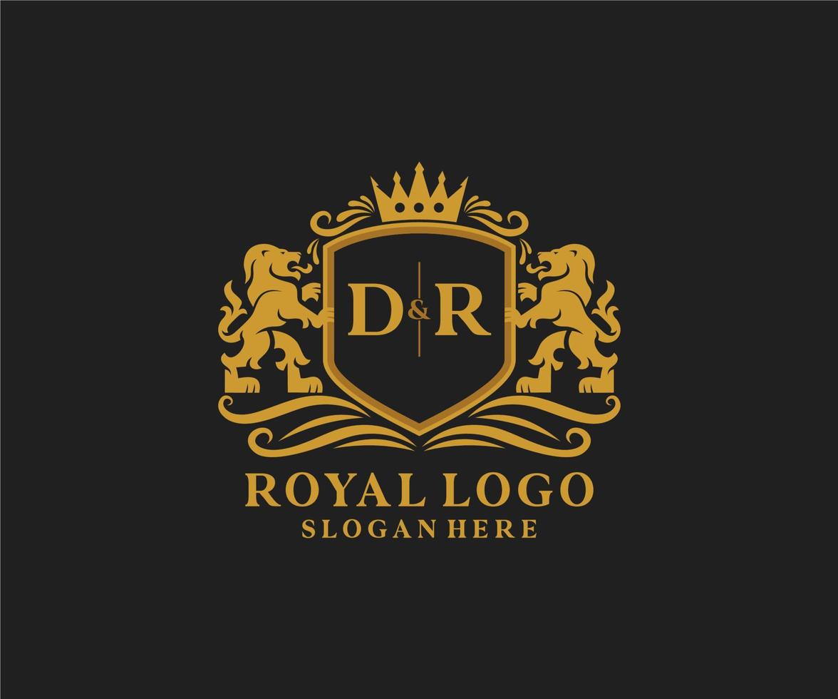 eerste dr brief leeuw Koninklijk luxe logo sjabloon in vector kunst voor restaurant, royalty, boetiek, cafe, hotel, heraldisch, sieraden, mode en andere vector illustratie.