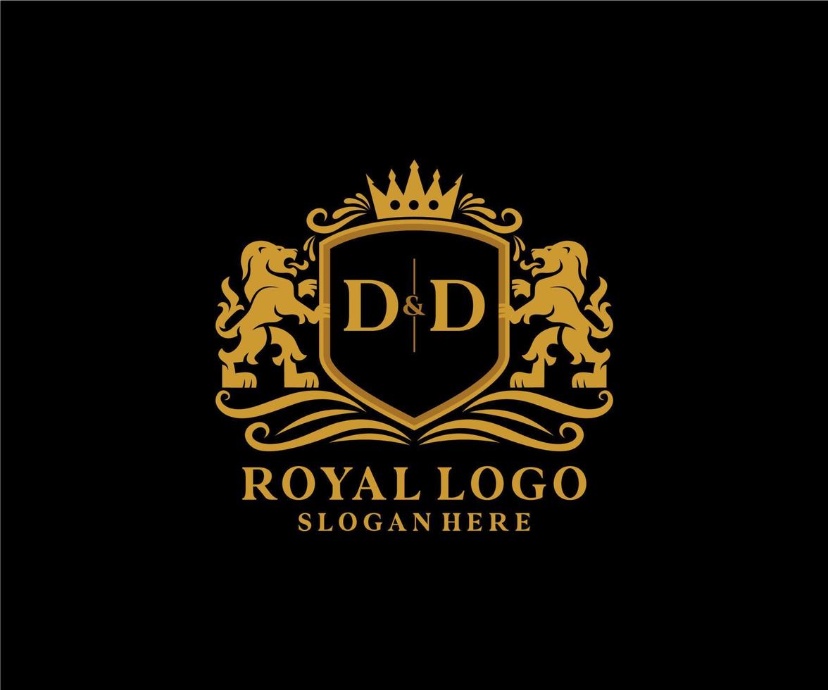 eerste dd brief leeuw Koninklijk luxe logo sjabloon in vector kunst voor restaurant, royalty, boetiek, cafe, hotel, heraldisch, sieraden, mode en andere vector illustratie.
