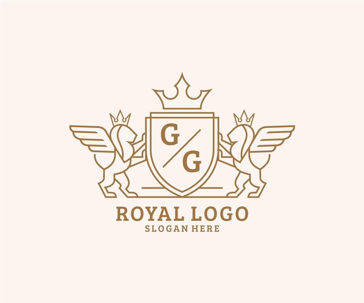 eerste gg brief leeuw Koninklijk luxe heraldisch, wapen logo sjabloon in vector kunst voor restaurant, royalty, boetiek, cafe, hotel, heraldisch, sieraden, mode en andere vector illustratie.