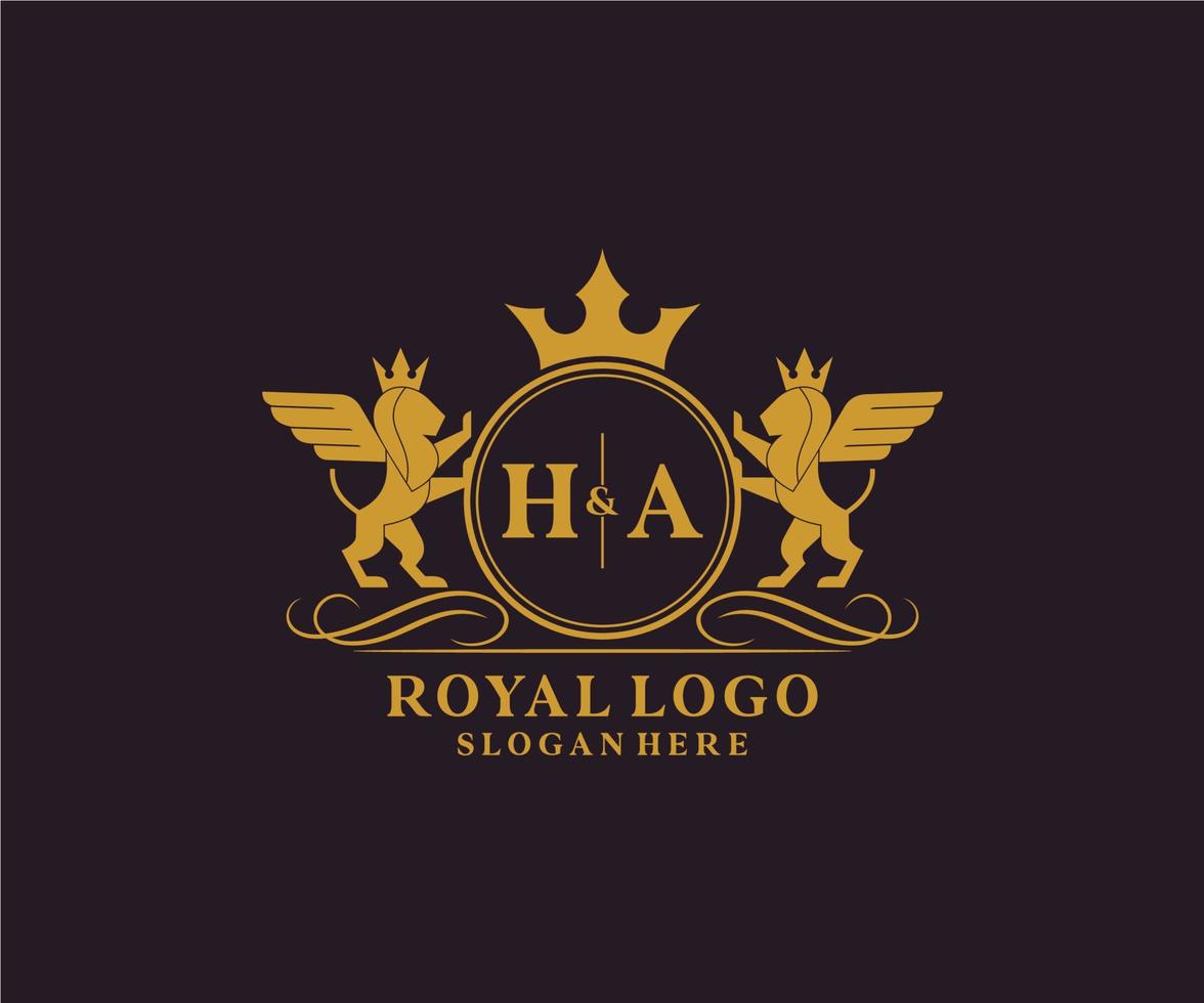 eerste ha brief leeuw Koninklijk luxe heraldisch, wapen logo sjabloon in vector kunst voor restaurant, royalty, boetiek, cafe, hotel, heraldisch, sieraden, mode en andere vector illustratie.