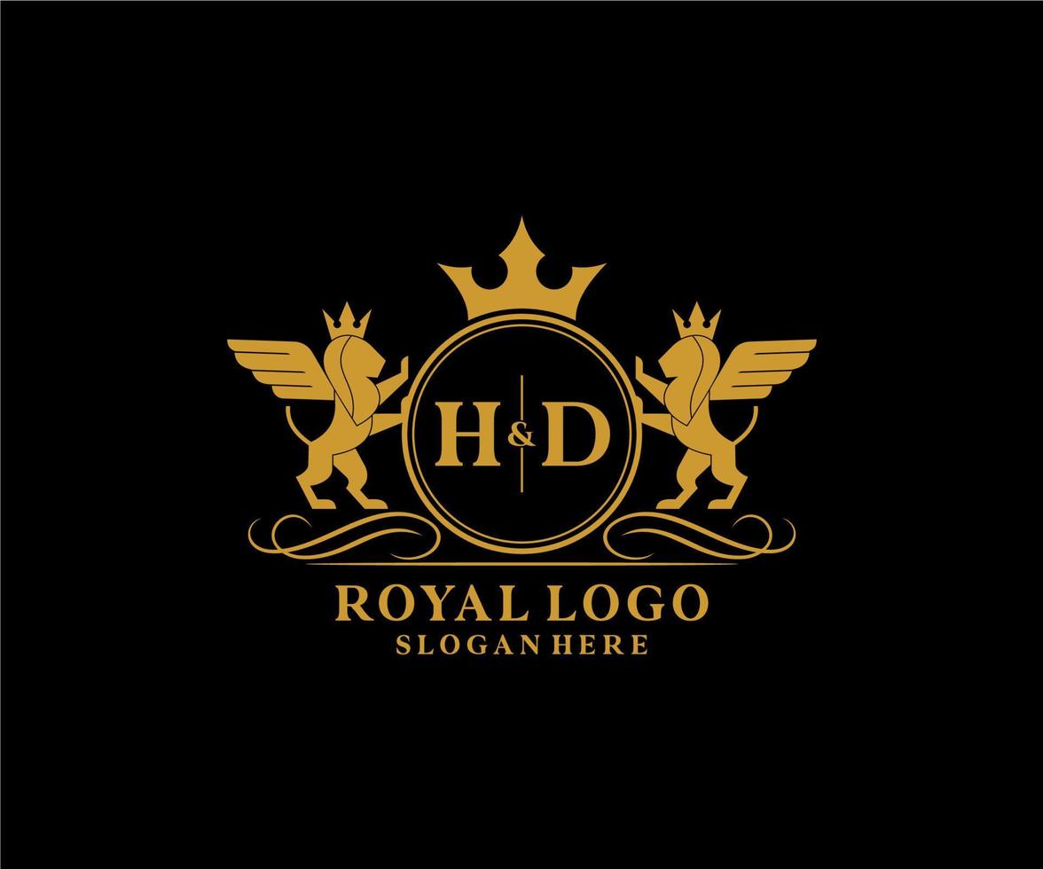eerste hd brief leeuw Koninklijk luxe heraldisch, wapen logo sjabloon in vector kunst voor restaurant, royalty, boetiek, cafe, hotel, heraldisch, sieraden, mode en andere vector illustratie.