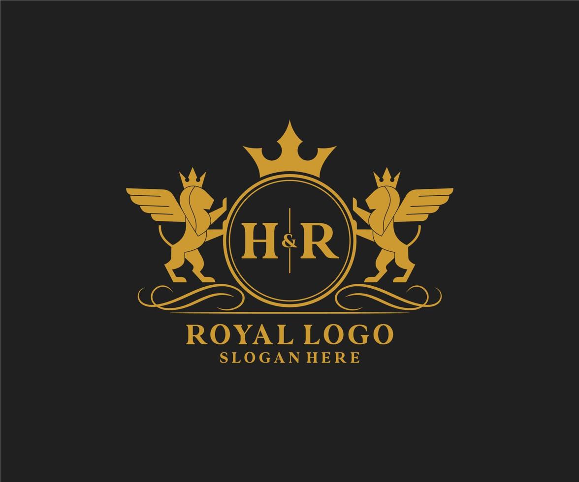 eerste hr brief leeuw Koninklijk luxe heraldisch, wapen logo sjabloon in vector kunst voor restaurant, royalty, boetiek, cafe, hotel, heraldisch, sieraden, mode en andere vector illustratie.