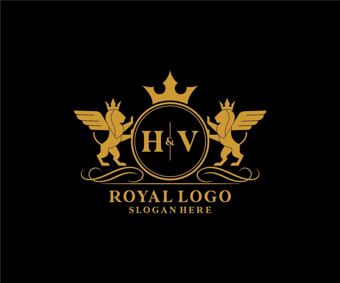 eerste hv brief leeuw Koninklijk luxe heraldisch, wapen logo sjabloon in vector kunst voor restaurant, royalty, boetiek, cafe, hotel, heraldisch, sieraden, mode en andere vector illustratie.