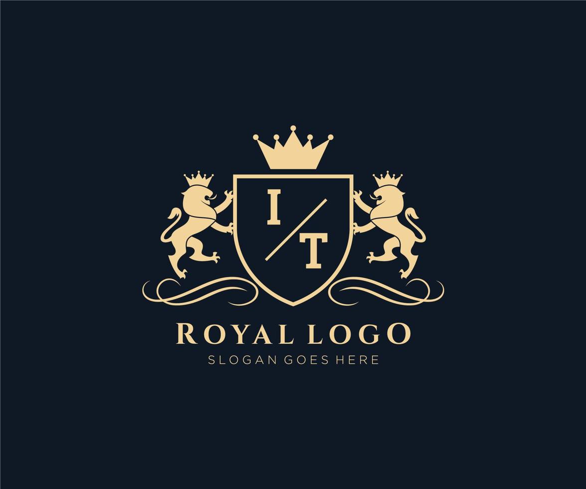 eerste het brief leeuw Koninklijk luxe heraldisch, wapen logo sjabloon in vector kunst voor restaurant, royalty, boetiek, cafe, hotel, heraldisch, sieraden, mode en andere vector illustratie.
