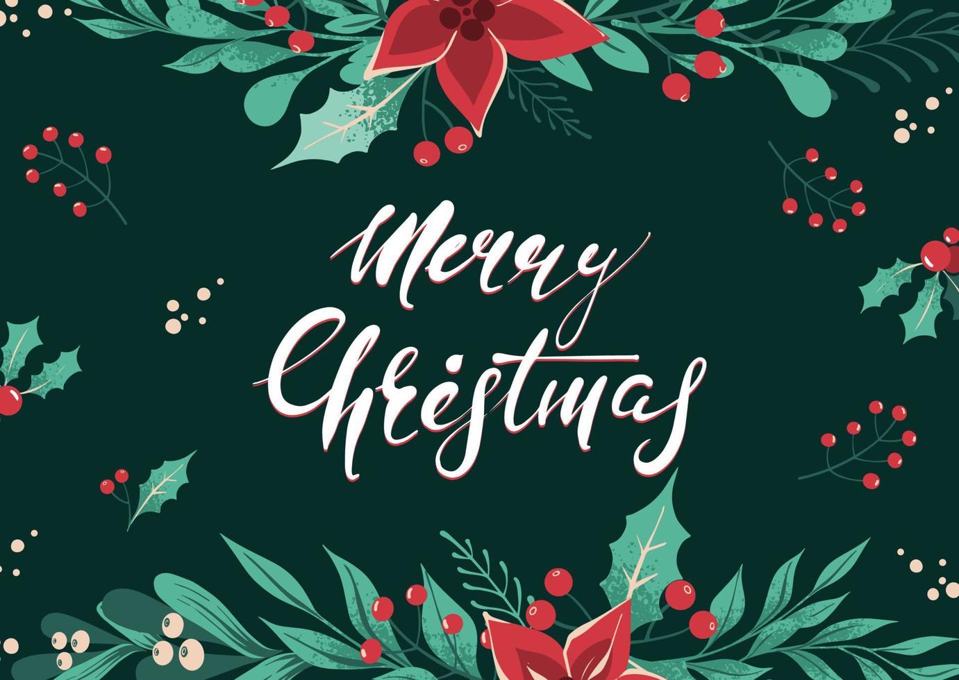 vrolijk Kerstmis en gelukkig nieuw jaar groet kaart met handgeschreven schoonschrift en hand- getrokken decoratief elementen. Kerstmis planten Aan donker groen achtergrond. vector