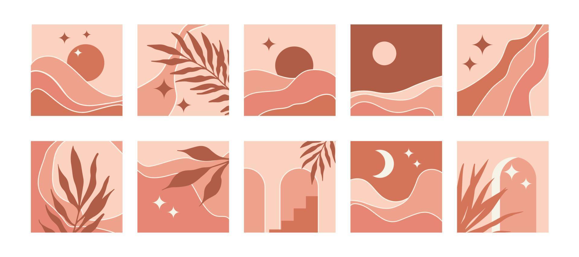 een reeks van midden in de eeuw abstract minimalistisch plein achtergronden in natuurlijk aards kleuren, zand, beige, terracotta. vector illustratie met berg landschap, natuurlijk vormen, bogen, zon, maan, sterren.