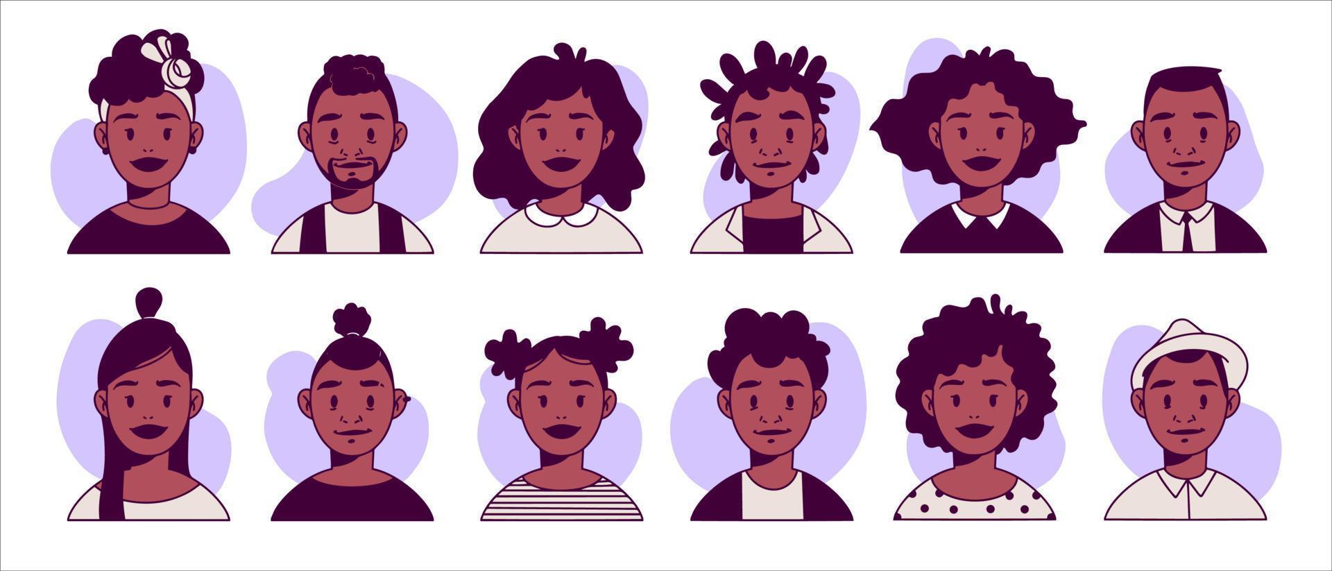 Afrikaanse Amerikaans glimlachen gezichten, gekleurde hand- getrokken vector avatars van jong mannen en Dames met verschillend kapsels en outfits. avatar vlak ontwerp pictogrammen. mensen pictogrammen. geïsoleerd Aan wit achtergrond