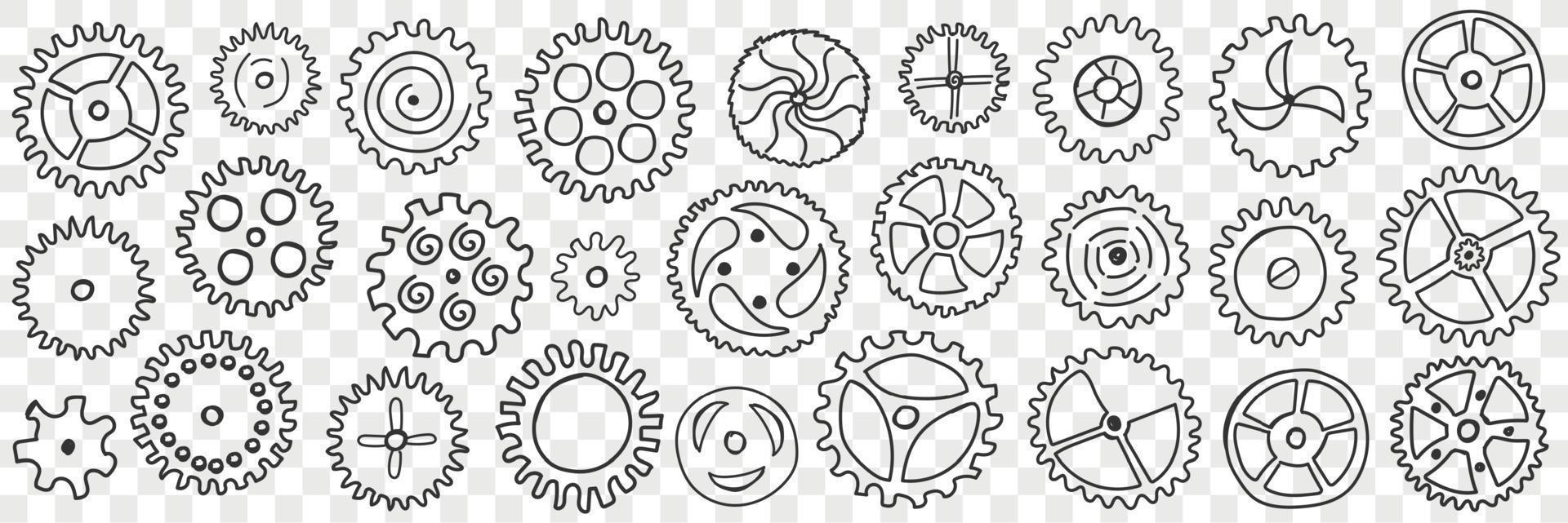 cirkel versnellingen met patronen tekening set. verzameling van hand- getrokken divers versnellingen mechanismen met patronen en verschillend vulling industrieel bouwkunde wielen geïsoleerd Aan transparant achtergrond vector