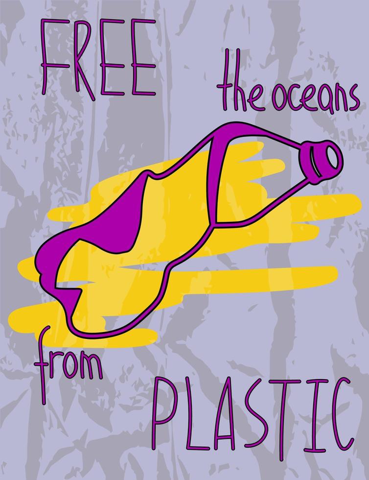 vrij de oceanen van plastic. ecologie poster met verfrommeld fles. vector illustratie