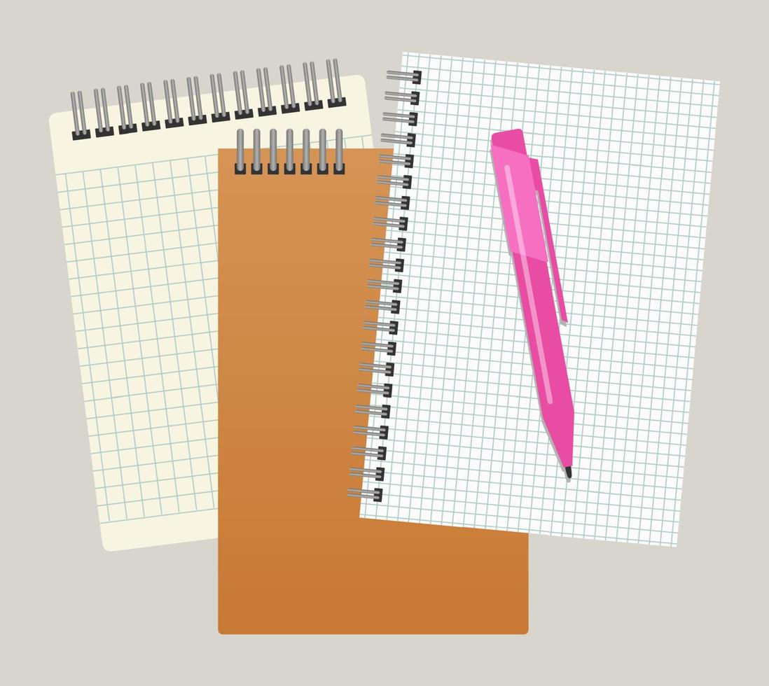 drie blocnotes en een pen. vector illustratie