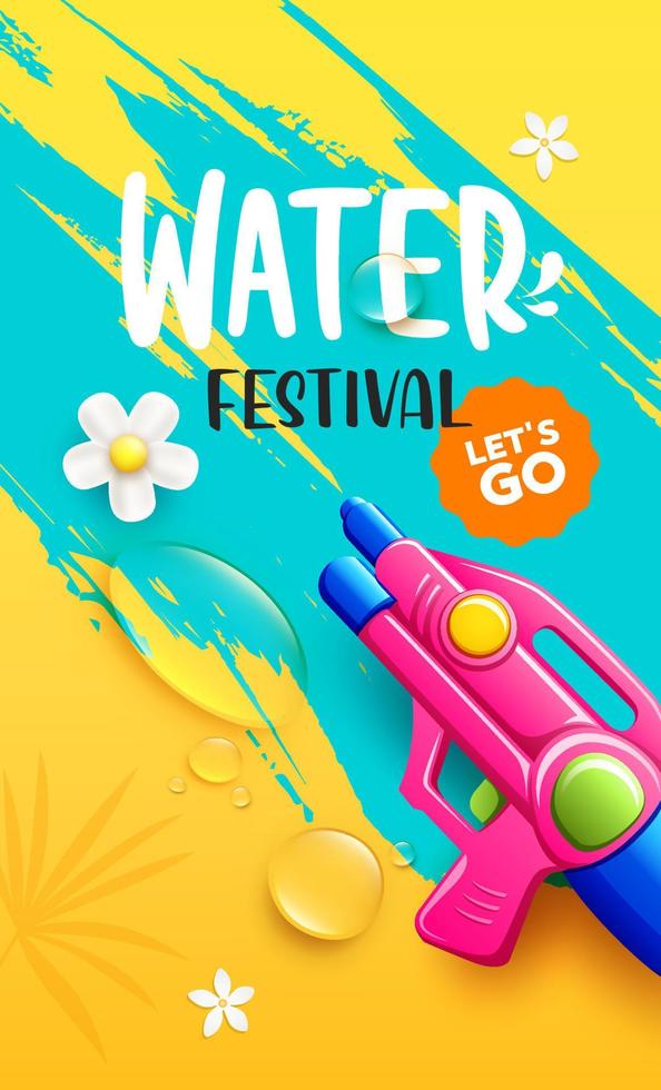 songkran water geweer festival Thailand, water laten vallen en bloem, folder poster ontwerp Aan geel en blauw achtergrond, eps 10 vector illustratie