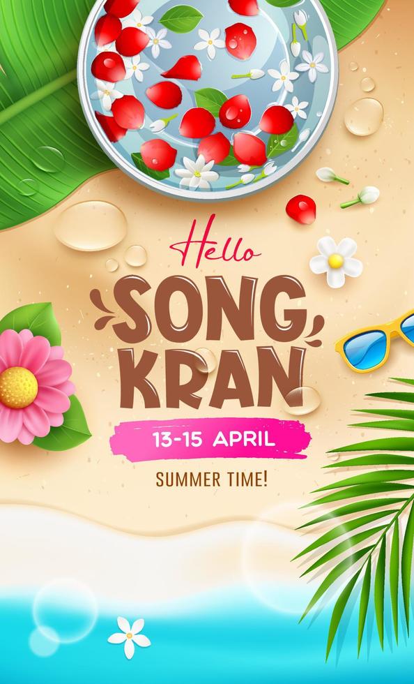 songkran festival Thailand, roos bloemblaadjes en jasmijn in water kom Aan banaan blad, zand strand achtergrond, eps 10 vector illustratie