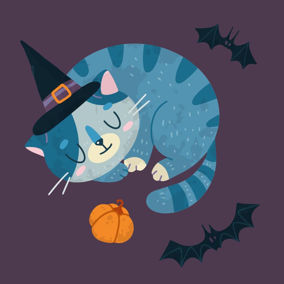 helloween vector voorraad illustratie met schattig kat in een heks hoed, vleermuizen en pompoen