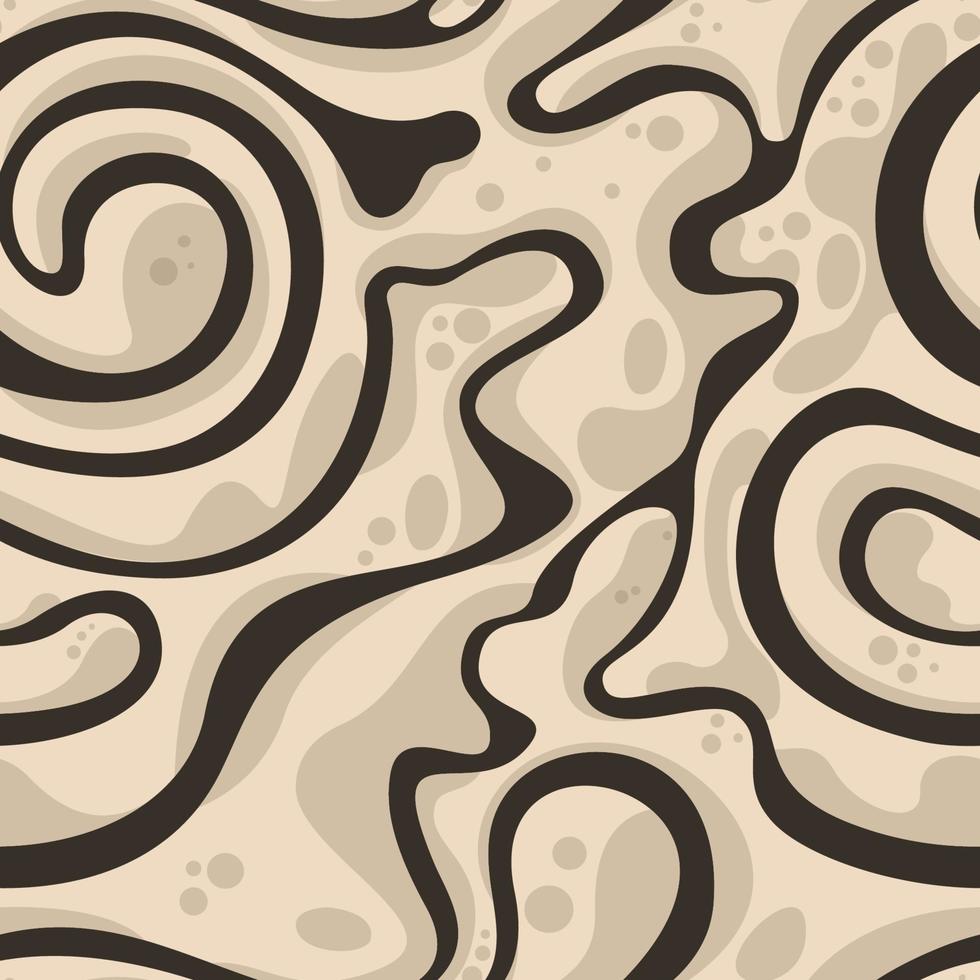 naadloze vector vloeiende achtergrond in bruine tinten. textuur voor stof of papier, vloeistof met druipende druppels en spiralen in beige pastelkleuren