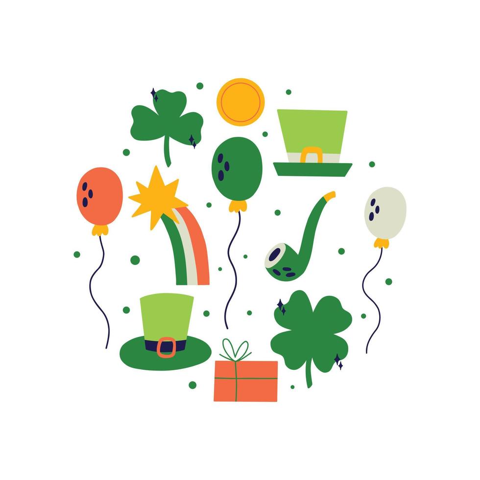 heilige Patrick dag vector illustratie met cirkel elementen elf van Ierse folklore Klaver hoed ballon munt geschenk