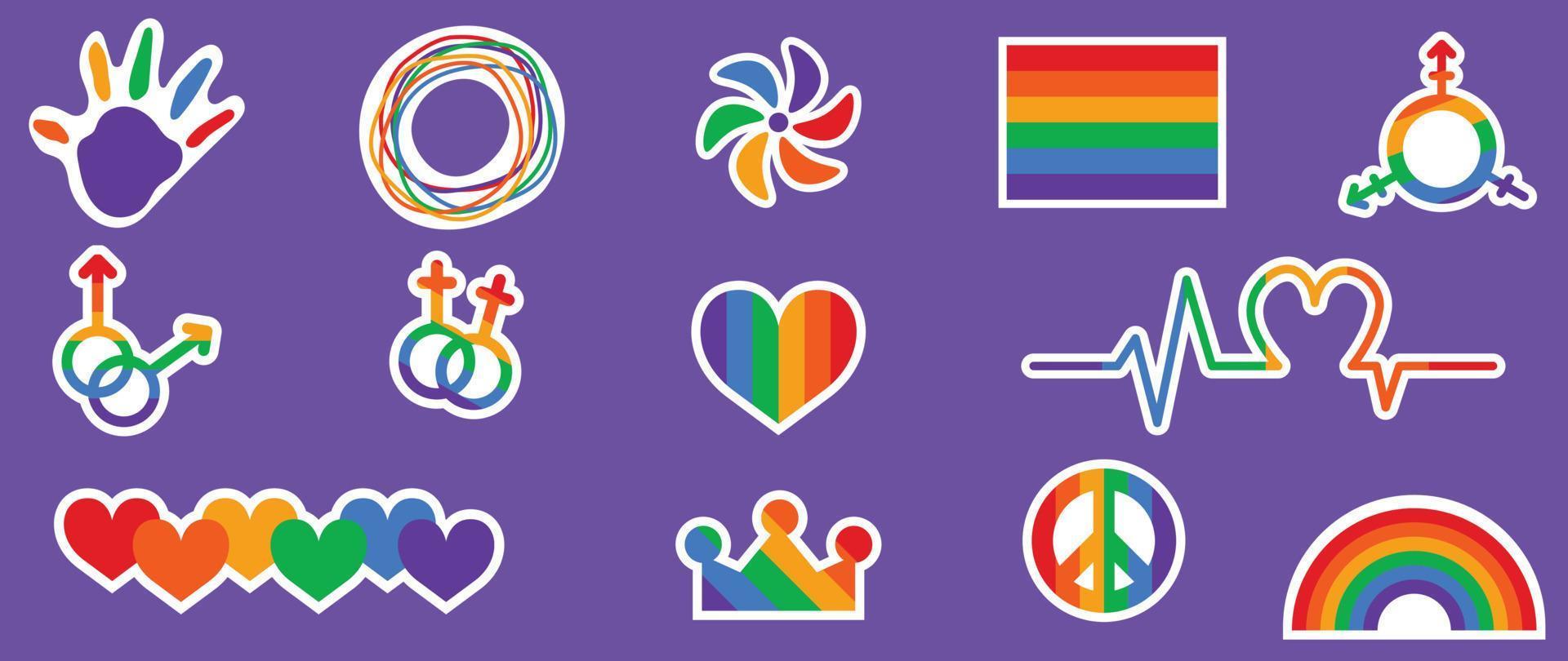 gelukkig trots lgbtq element set. lgbtq gemeenschap symbolen met regenboog vlag, Golf, kroon, hart. elementen geïllustreerd voor trots maand, biseksueel, transgender, geslacht gelijkwaardigheid, sticker, rechten concept. vector