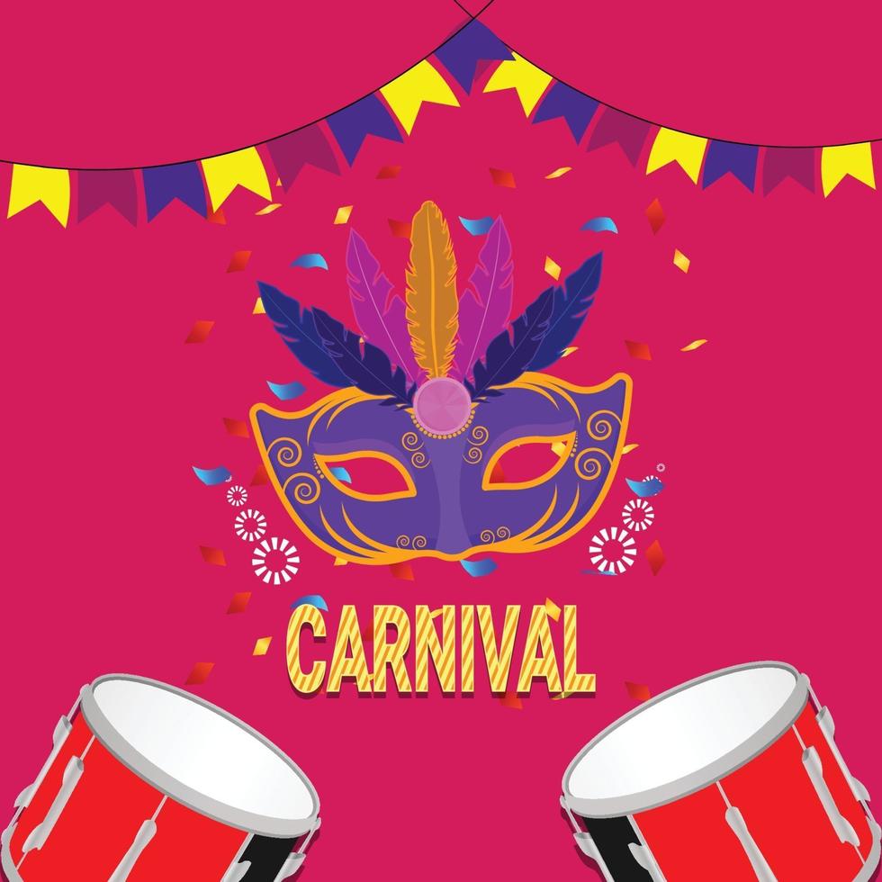 carnaval platte ontwerp uitnodigingskaart met platte trommel en masker vector