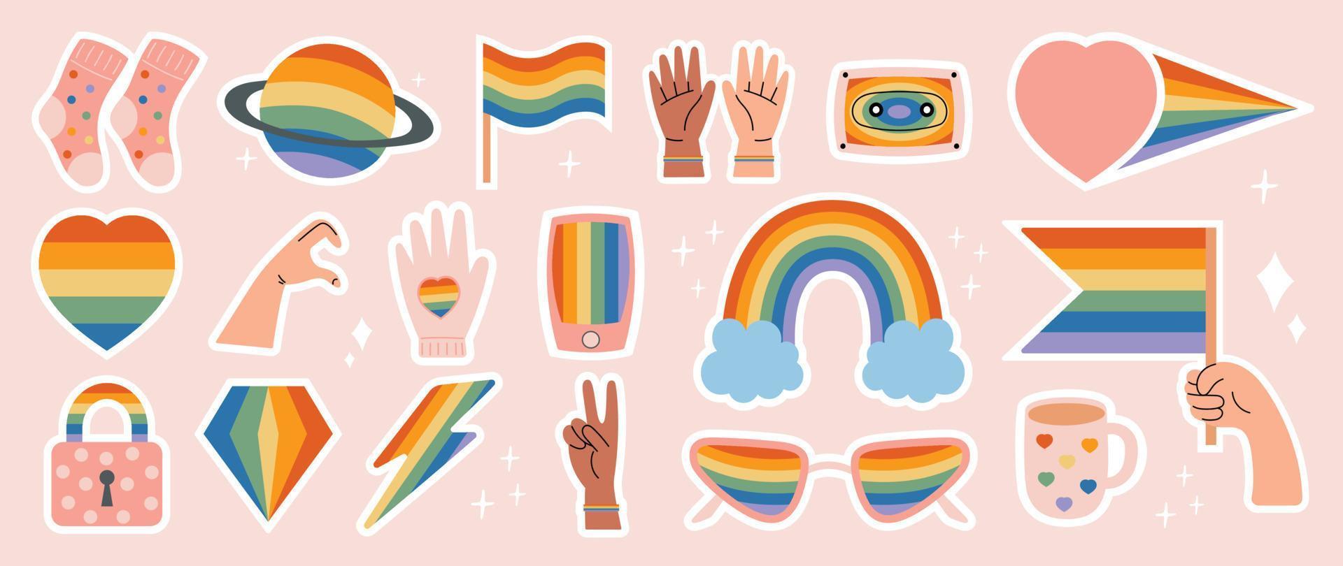 gelukkig trots lgbtq element set. lgbtq gemeenschap symbolen met regenboog vlag, glas, hart, diamant. elementen geïllustreerd voor trots maand, biseksueel, transgender, geslacht gelijkwaardigheid, sticker, rechten concept. vector