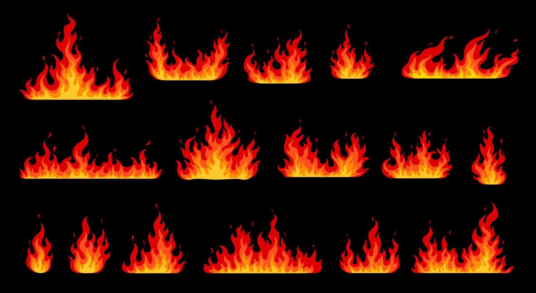 tekenfilm brand vlammen, vreugdevuur en brandend brandmuur vector