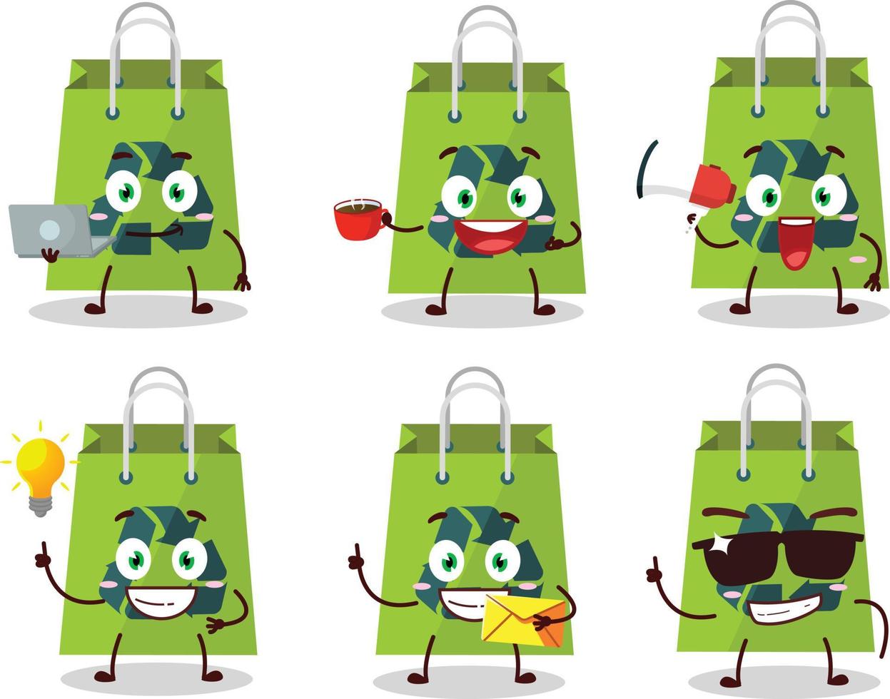 recycle zak tekenfilm karakter met divers types van bedrijf emoticons vector
