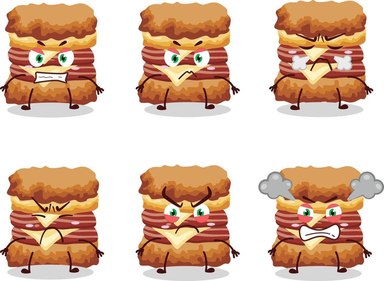 kip belegd broodje tekenfilm karakter met divers boos uitdrukkingen vector