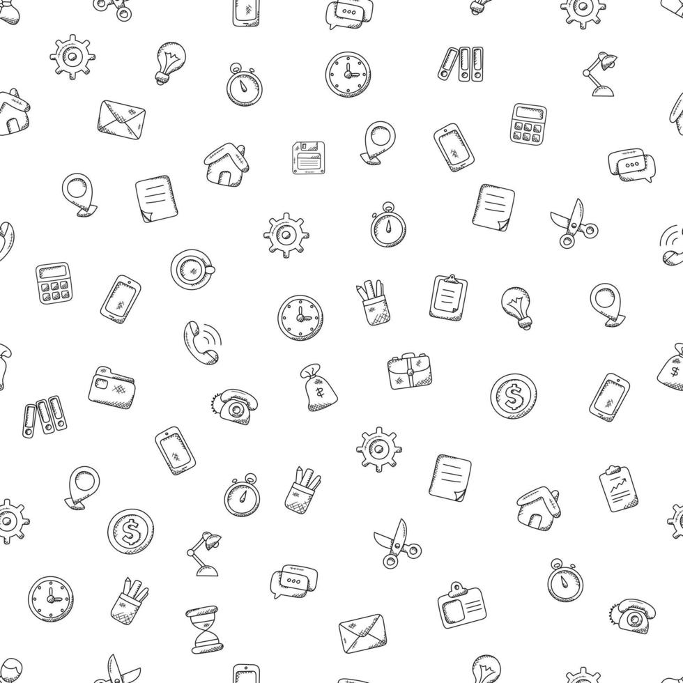 naadloos patroon in tekening stijl, zwart bedrijf pictogrammen Aan een wit achtergrond welke beeldt af een envelop, een versnelling, een licht lamp. stopwatch, schaar, rekenmachine, vector vlak abstract illustratie.