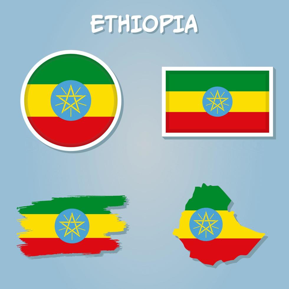 kleurrijk vlag, kaart wijzer en kaart van Ethiopië in de kleuren van de Ethiopisch vlag. vector