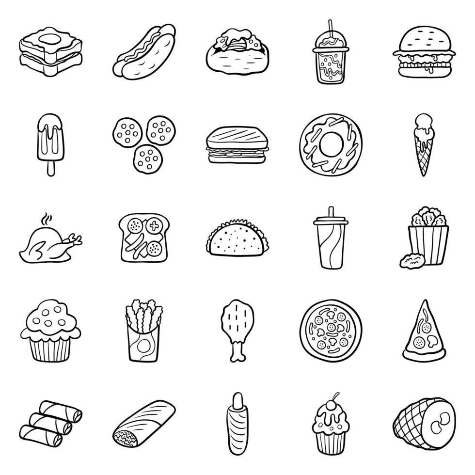 een groot reeks van vector pictogrammen van snel voedsel in een vlak stijl schets, welke beeldt af heet hond, worst, pizza, hamburger, kip grill, broodje, aardappel Patat, drankjes, worst, charme.