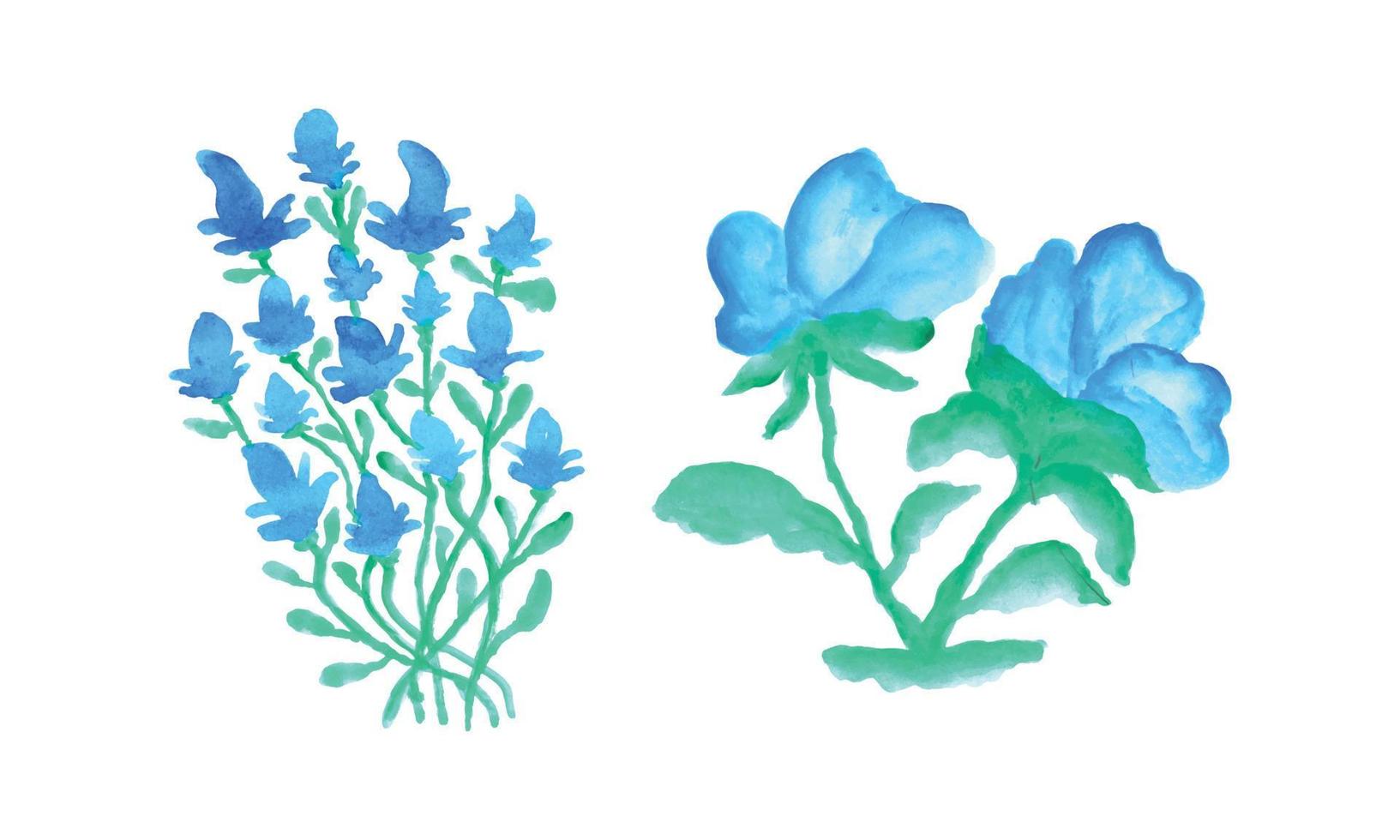 een waterverf schilderij van blauw bloemen en groen bladeren. reeks van blauw bloemen Aan een wit achtergrond vector