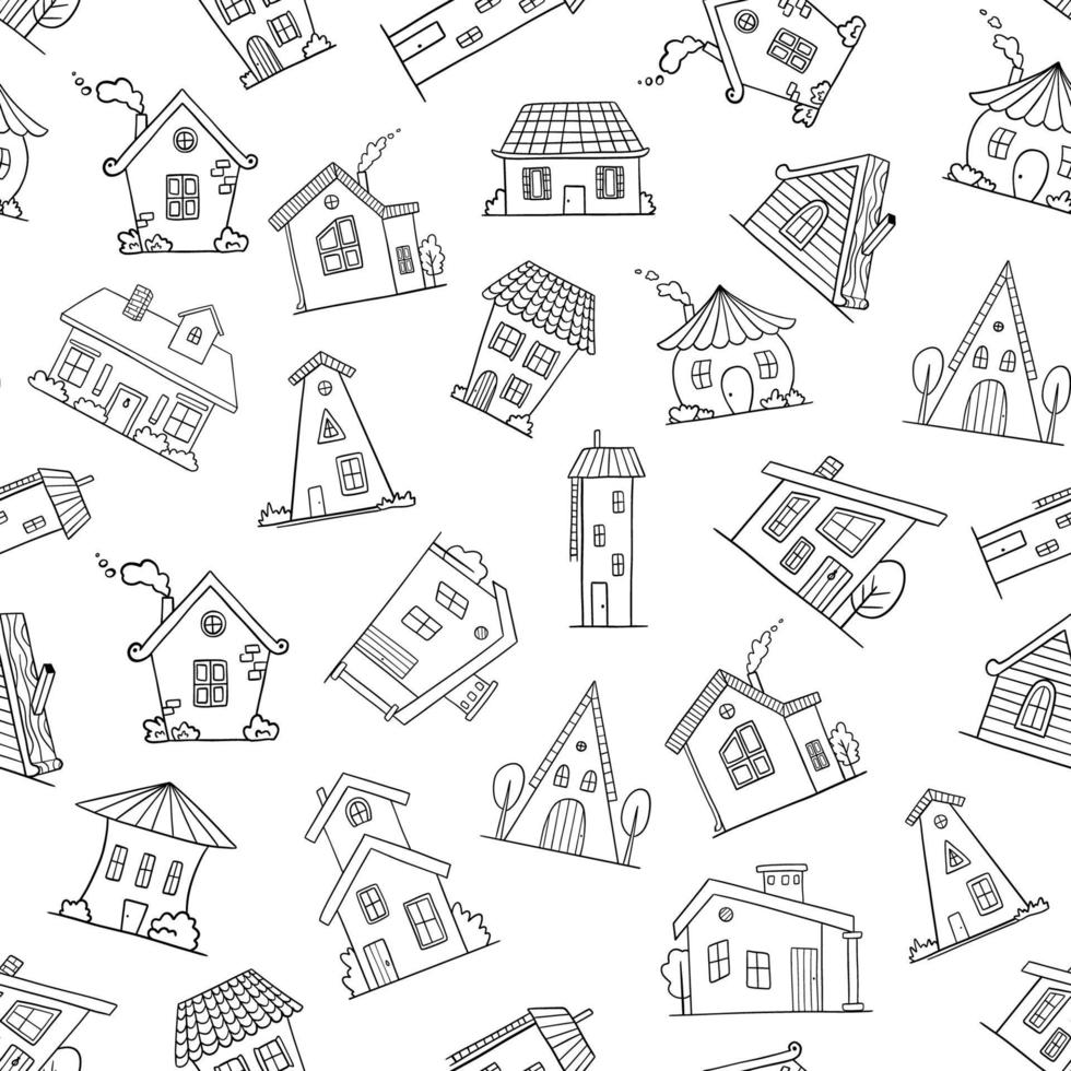 naadloos monochroom patroon met hand- getrokken vector huizen. schattig landelijk gebouw Aan wit achtergrond. tekening illustraties