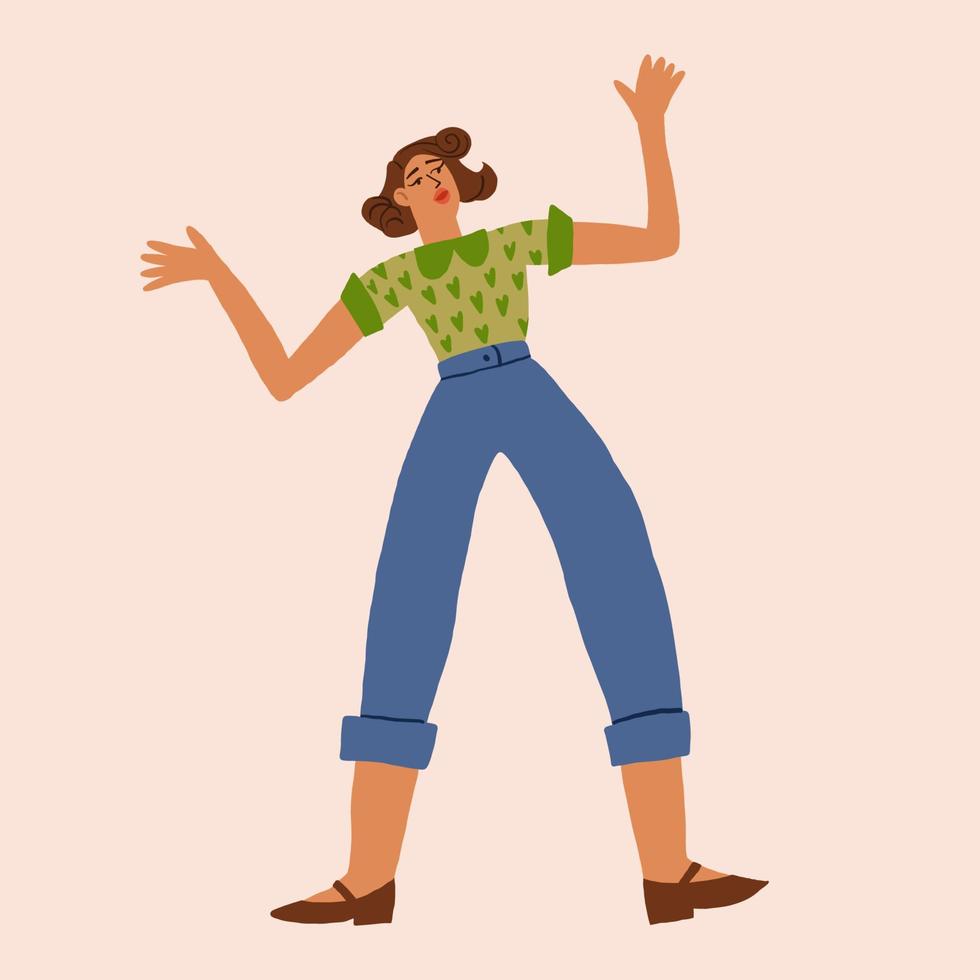 vector illustratie met een verrast vrouw in modieus stijl. vrouw levensstijl illustratie. een vrouw in jeans en t-shirt verrast en bezorgd. vector illustratie