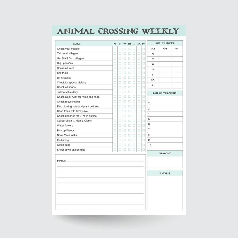 dier kruispunt nieuw horizonten wekelijks controlelijst, naar dos, dier kruispunt dagelijks taken - acnh, dier kruispunt checklist, ang afdrukbaar, anch checklist, ang wekelijks vector