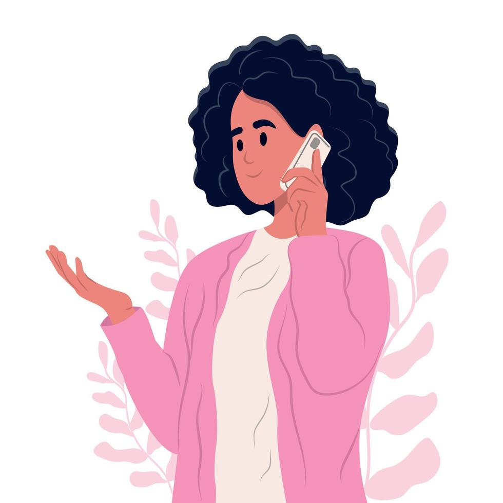 vrouw plannen een vergadering door telefoon. portret van een jong vrouw. een dame is pratend Aan de telefoon. communicatie met kinderen, vrienden. vector